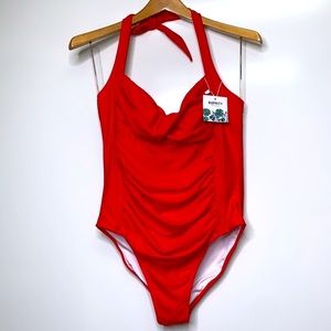 NWT B2PRITY Red Scalloped Detail Ruched Tummy Control One Piece Swimsuit Bikini